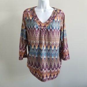 alfred dunner | Rhinestone Collar V Neck 3/4 Top M